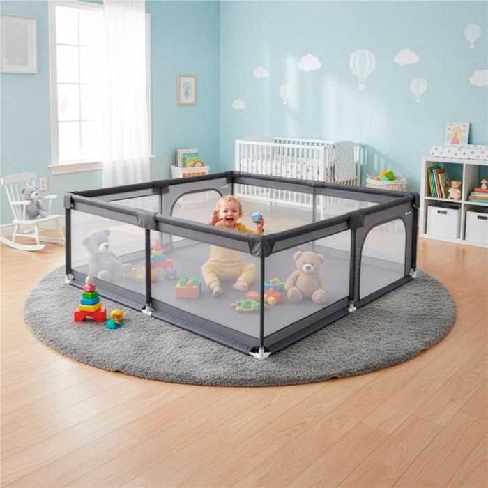 Tarc joaca pliabil copii intrare fermoar plasa protectie, 200x180x66 cm, sigur, gri [6]