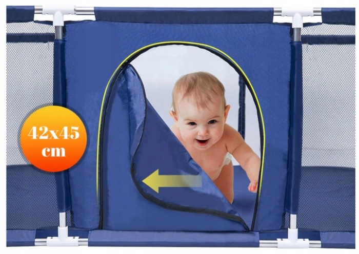 Tarc joaca XXL copii si bebe cu cos baschet, 2 porti mingi, intrare fermoar, Oxford 150D, 230x122x62 cm, albastru [5]