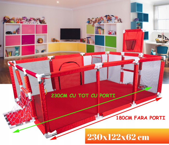 Tarc joaca XXL copii si bebe cu cos baschet, 2 porti mingi, intrare fermoar, Oxford 150D, 230x122x62 cm, rosu [3]