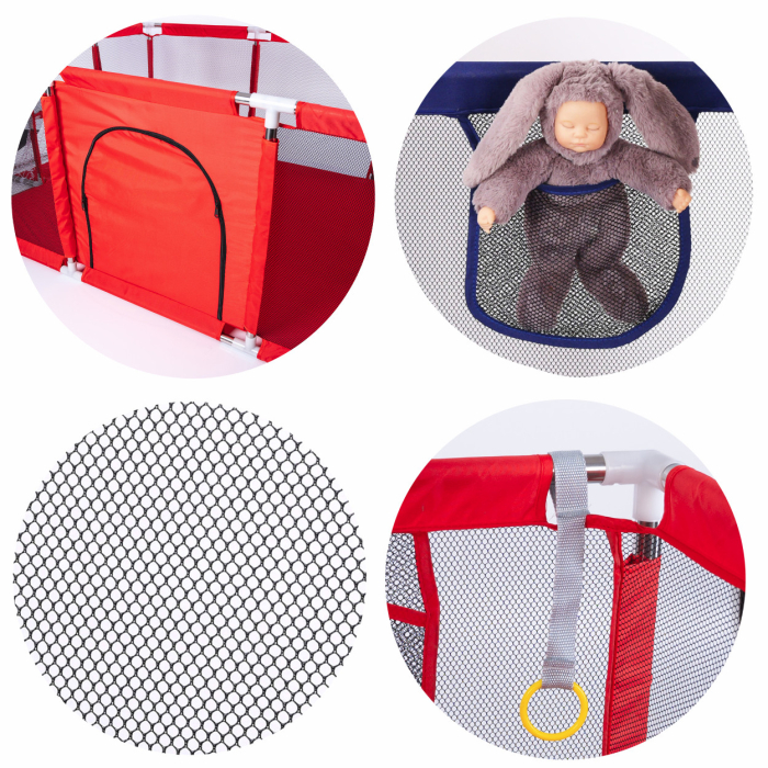 Tarc joaca XXL copii si bebe cu cos baschet, 2 porti mingi, intrare fermoar, Oxford 150D, 230x122x62 cm, rosu [7]