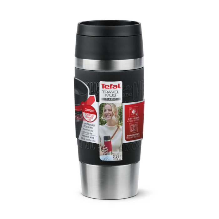 Termos Tefal Travel Mug Classic N2020210, inox, 0.36 L, 100% etanș, functie Quick Press, argintiu & negru [2]