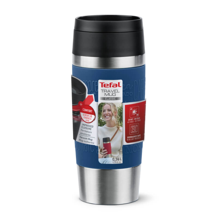 Termos Tefal Travel Mug Classic N2020310, inox, 0.36 L, 100% etans, functie Quick Press, argintiu & albastru [2]