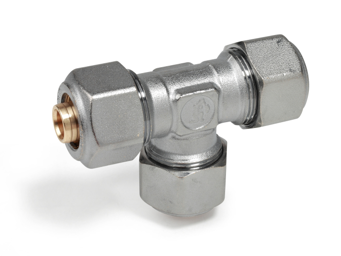 Teu compresie Giacomini R564MX048, 16 x 2 mm, pentru teava din plastic sau multistrat, alama cromata [1]