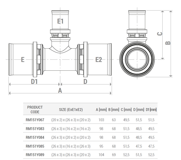 Teu redus presare multipla Giacomini RM151Y067, 20x2 x 26x3 x 20x2 mm, fiting pentru teava multistrat, 10 bar, 110°C, alama [2]