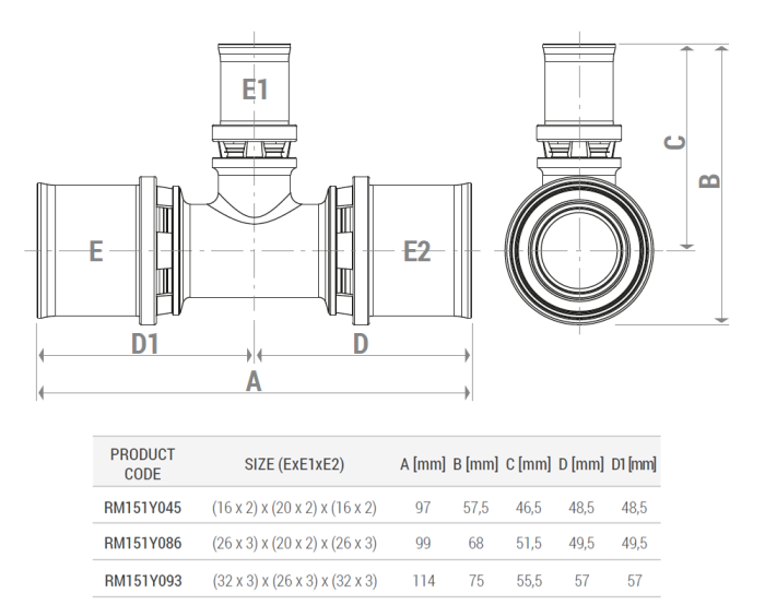 Teu redus presare multipla Giacomini RM151Y093, 32x3 x 26x3 x 32x3 mm, fiting pentru teava multistrat, 10 bar, 110°C, alama [2]