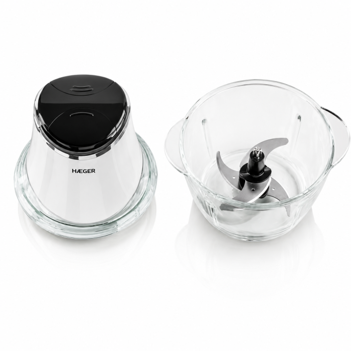 Tocator de legume electric HAEGER CHOPPER GLASS, Capacitate 1.2L, vas sticla, 300W, 4 lame inox, 2 viteze, Piese detasabile usor de curatat, Alb [2]