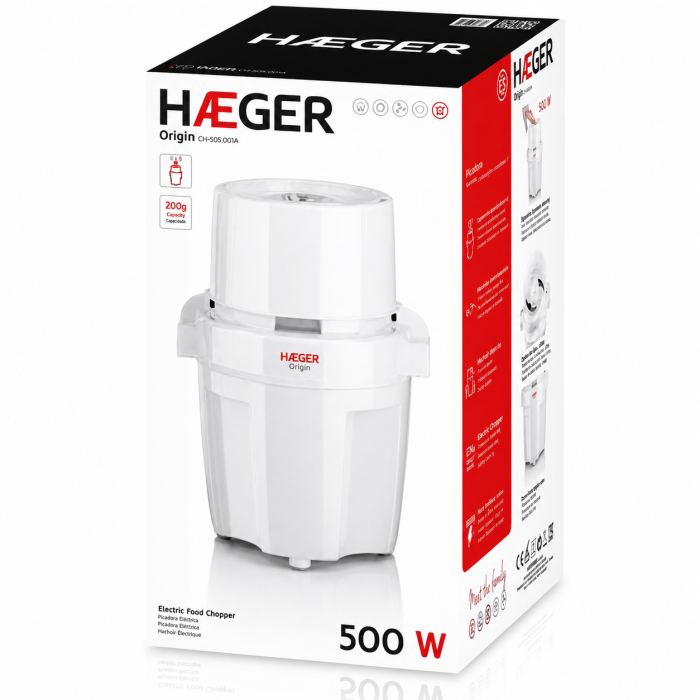 Tocator de legume electric HAEGER ORIGIN, Capacitate 200g, Putere 500W, Lama inox detasabila, Piese lavabile la masina de spalat vase, Alb [4]