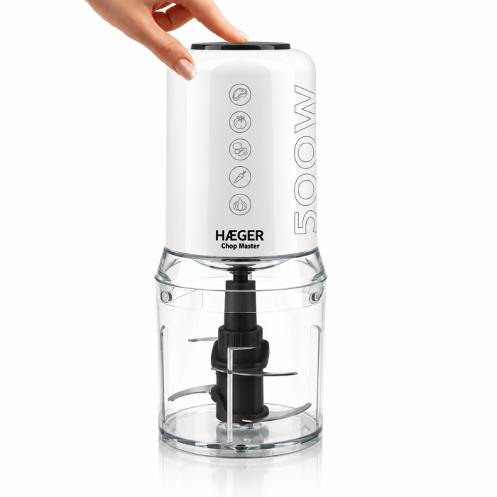 Tocator electric HAEGER CHOP MASTER, Putere 500 W, Bol 500 ml, 4 lame din inox, 2 viteze, Pornire prin apasare, Alb [5]