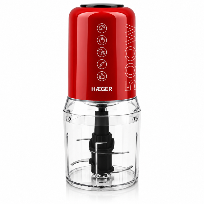 Tocator electric HAEGER CHOP MASTER, Putere 500 W, Bol 500 ml, 4 lame din inox, 2 viteze, Pornire prin apasare, Rosu [2]