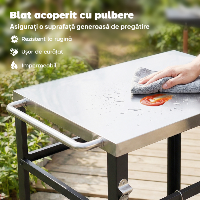  Troller pentru Gratar de Exterior cu Blat din Otel Inoxidabil, 4 Carlige, Maner si Roti Blocabile, Negru [4]