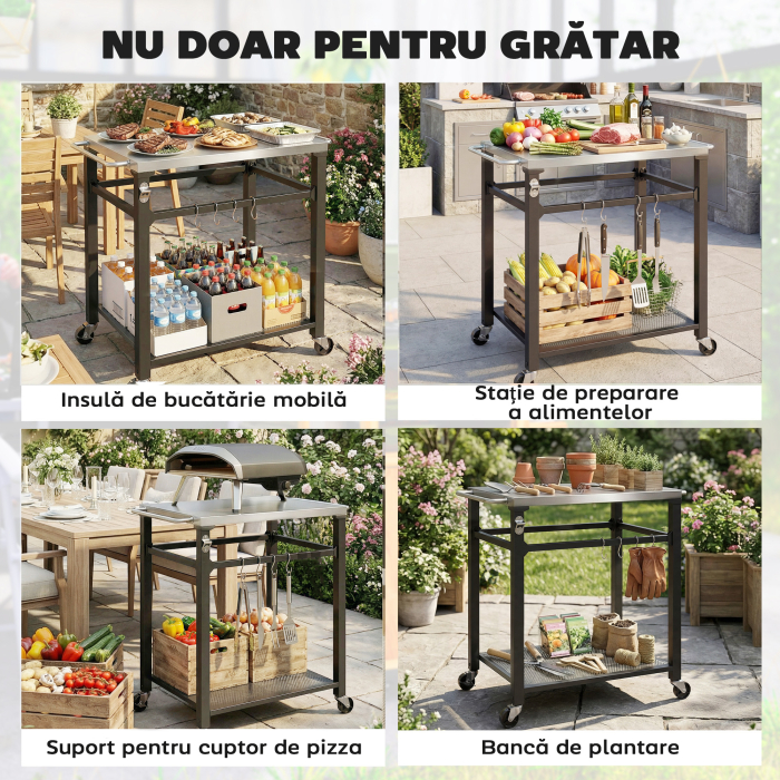  Troller pentru Gratar de Exterior cu Blat din Otel Inoxidabil, 4 Carlige, Maner si Roti Blocabile, Negru [8]