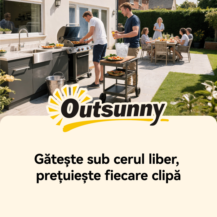  Troller pentru Gratar de Exterior cu Blat din Otel Inoxidabil, 4 Carlige, Maner si Roti Blocabile, Negru [9]