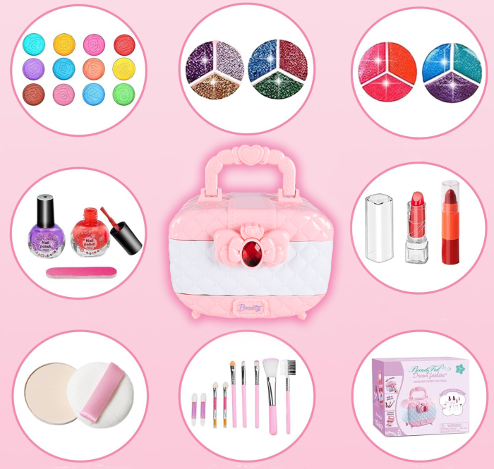Trusa de machiaj pentru copii cu 3 niveluri, accesorii make-up si unghii, 17x12x14 cm, roz [5]