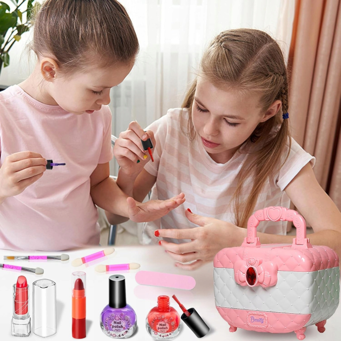Trusa de machiaj pentru copii cu 3 niveluri, accesorii make-up si unghii, 17x12x14 cm, roz [4]
