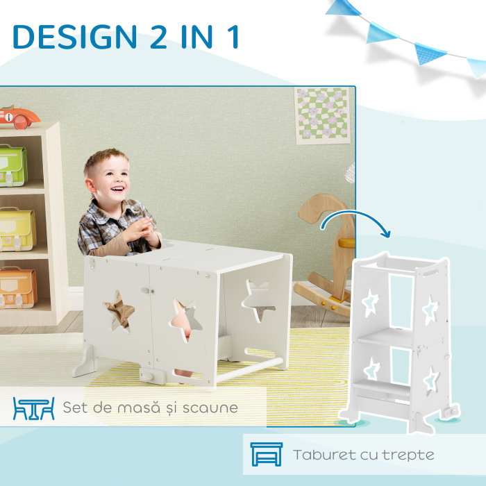  Turn de invatare Convertibil in Set Masa si Scaune cu Bara de Siguranta, 60x44,5x86 cm, Alb [5]