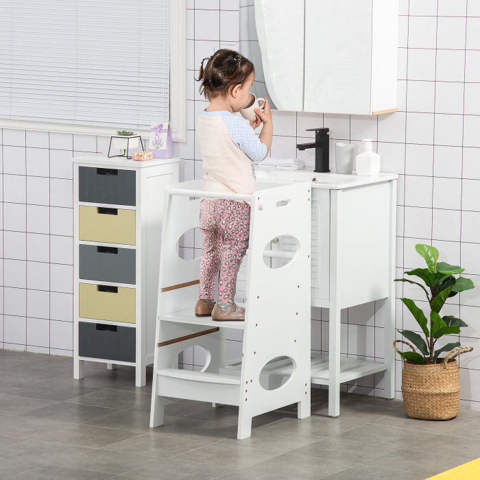  Turn Montessori pentru Copii, Learning Tower cu inaltime Reglabila pe 3 Niveluri, MDF, 40×50×90 cm, Alb [2]