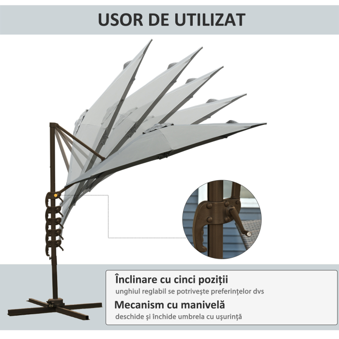  Umbrel de Gradina cu Manivela cu inclinare Reglabila, Umbrela cu Brat si Stinghii, Ø2.95x2.5 m, Gri [6]