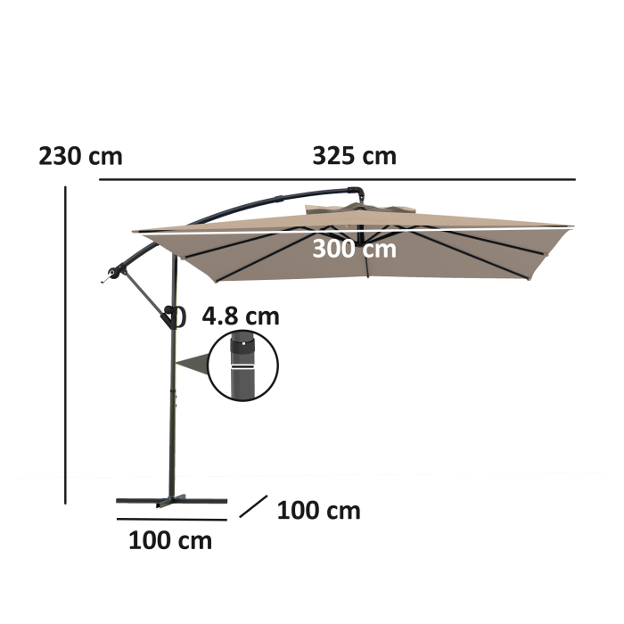  Umbrela cu Brat 3x3 m cu Acoperire Reglabila si Baza in forma de Cruce, din Metal si Poliester, culoare Kaki [3]