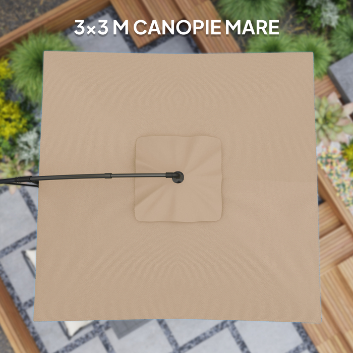  Umbrela cu Brat 3x3 m cu Acoperire Reglabila si Baza in forma de Cruce, din Metal si Poliester, culoare Kaki [5]