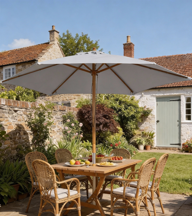  Umbrela de Gradina 2.5x2.3m, Umbrela Parasolar cu a 6 Nervuri din Lemn si Poliester, Alb Crem [2]