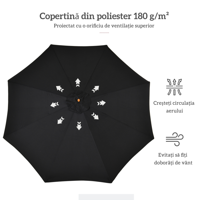  Umbrela de Gradina 3 m cu Stalp din Lemn, 8 Spite si Acoperire din Poliester, Neagra [5]