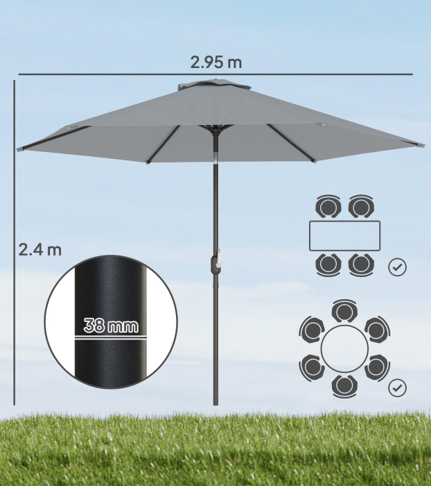  Umbrela de Gradina 3x3 m inclinabila cu Sistem de Deschidere cu Manivela, din Metal si Poliester, Gri [3]