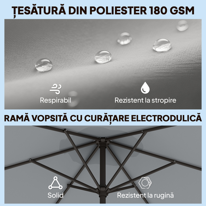  Umbrela de Gradina 3x3 m inclinabila cu Sistem de Deschidere cu Manivela, din Metal si Poliester, Gri [6]