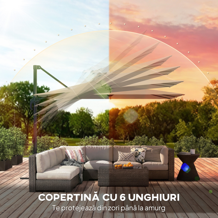  Umbrela de Gradina 3x3m Decentralizata cu Baza in Forma de Cruce si Acoperis, din Aluminiu, Kaki [7]