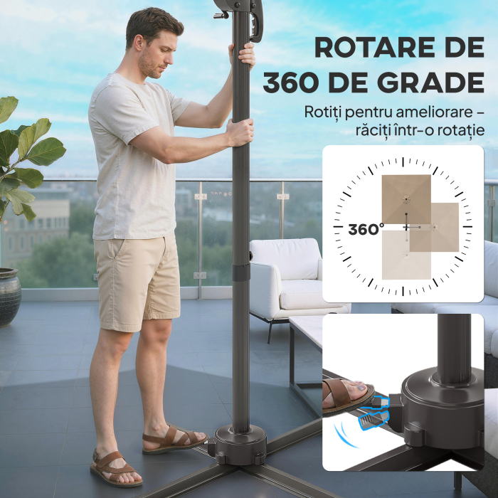  Umbrela de Gradina 3x3m Decentralizata cu Baza in Forma de Cruce si Acoperis, din Aluminiu, Kaki [6]