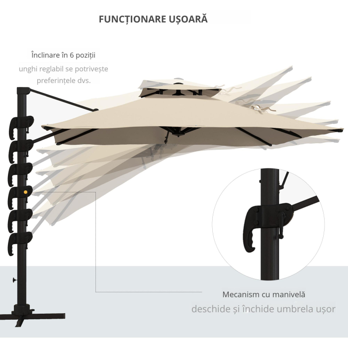  Umbrela de gradina cu brat, 3x3 m, inclinabila in 6 pozitii, din aluminiu si poliester, culoare kaki [6]