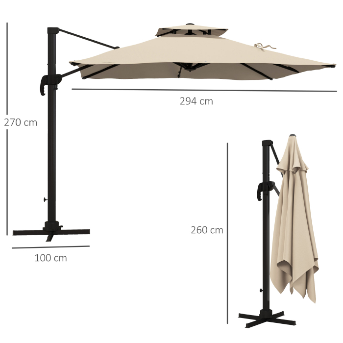  Umbrela de gradina cu brat, 3x3 m, inclinabila in 6 pozitii, din aluminiu si poliester, culoare kaki [3]