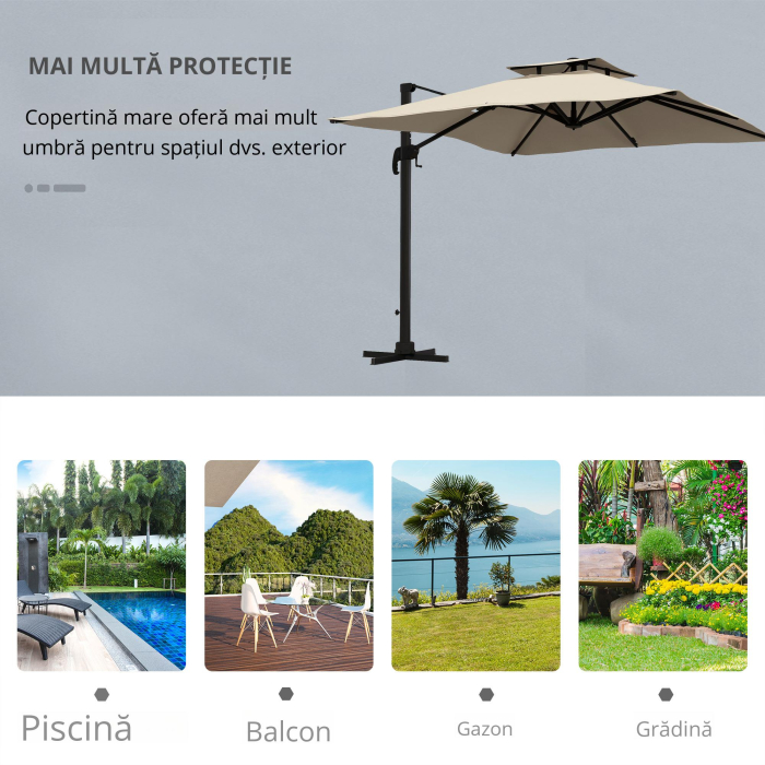  Umbrela de gradina cu brat, 3x3 m, inclinabila in 6 pozitii, din aluminiu si poliester, culoare kaki [4]