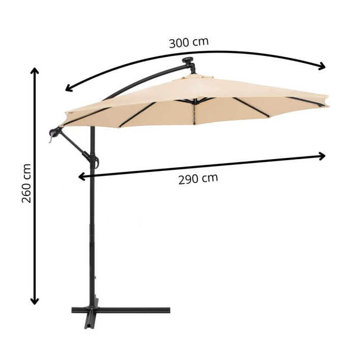 Umbrela gradina brat lateral tip banana cu iluminare LED solara, 32 LED-uri, protectie UPF 50+, husa inclusa, D300 cm, crem [19]