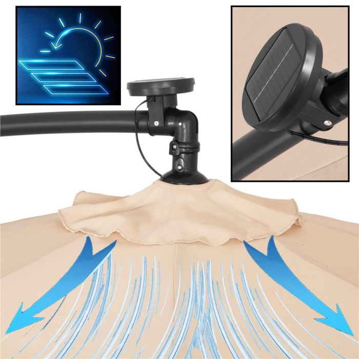 Umbrela gradina brat lateral tip banana cu iluminare LED solara, 32 LED-uri, protectie UPF 50+, husa inclusa, D300 cm, crem [20]