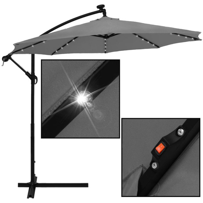Umbrela gradina brat lateral tip banana cu iluminare LED solara, 32 LED-uri, protectie UPF 50+, husa inclusa, D300 cm, gri [21]