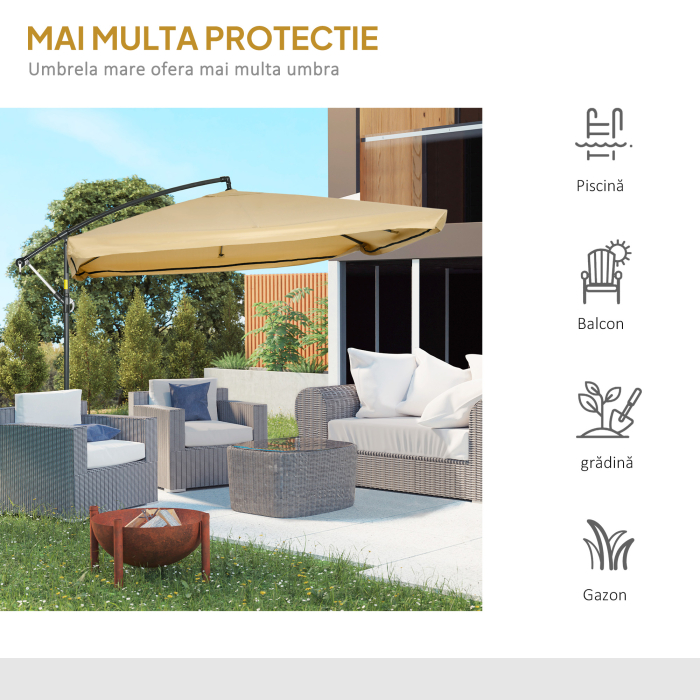  Umbrela de gradina cu brat lateral inclinabila, cu deschidere cu manivela si plasa anti-tantari, 3x3 m, bej [4]
