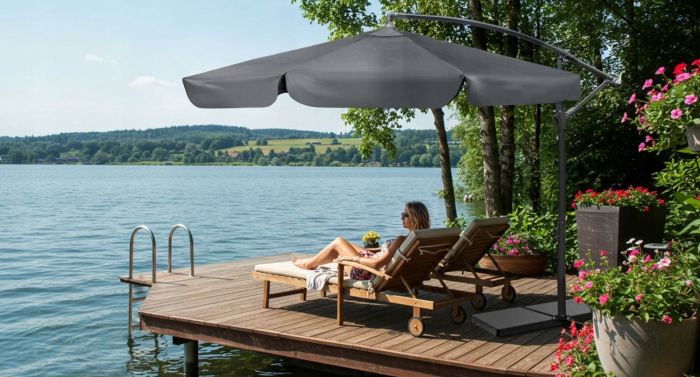 Umbrela de gradina cu brat lateral, inclinabila, panza poliester 160 g/mp, husa de protectie, 300 cm, gri [2]