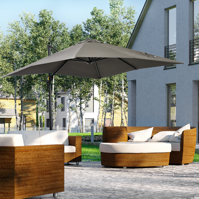  Umbrela de gradina cu manivela 2,5x2,5 m, cu rotatie 360° si parasolar reglabil, gri deschis [2]