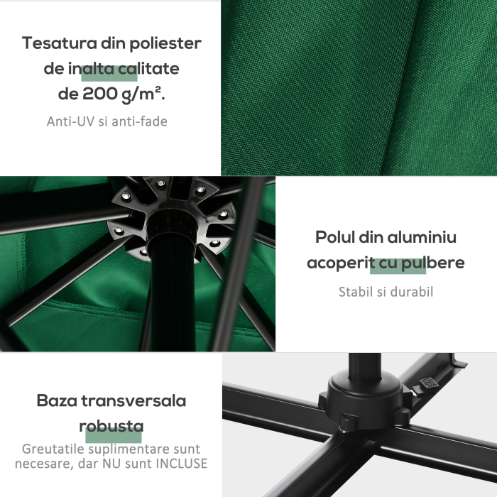  Umbrela de gradina cu manivela, 2.5x2.5 m, rotativa 360° si parasolar reglabil, verde [7]