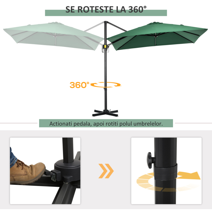  Umbrela de gradina cu manivela, 2.5x2.5 m, rotativa 360° si parasolar reglabil, verde [4]