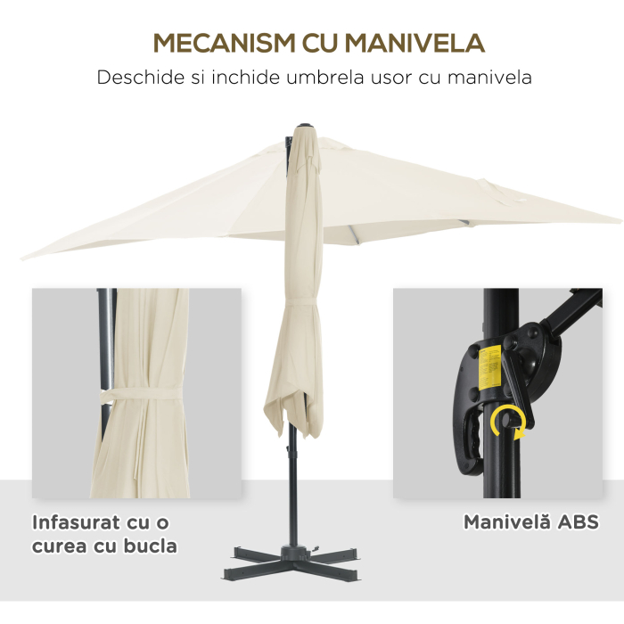  Umbrela de Gradina cu Manivela cu Rotatie 360°, Parasolar Reglabil, 245x245x245 cm, Crem [6]
