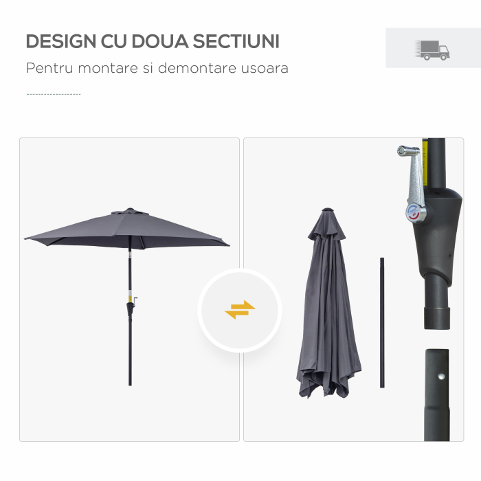  Umbrela de Gradina cu Manivela, din Aluminiu si Poliester Gri si Negru, Φ2,6x2,35m [7]