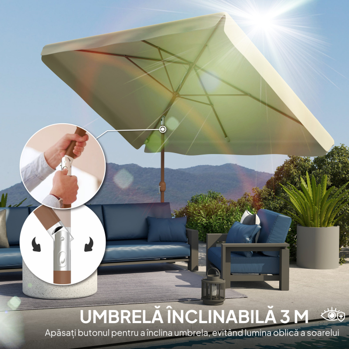  Umbrela de Gradina Dreptunghiulara 2x3 m cu Volanase si Manivela, din Metal si Poliester, Bej [4]