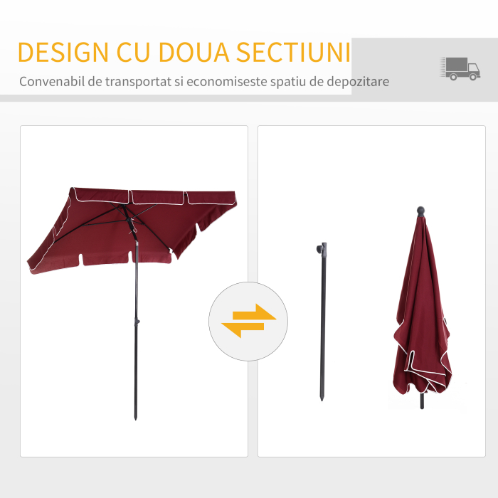  Umbrela de Gradina Dreptunghiulara si Reglabila cu Stalp din Aluminiu, 2x1,3x2,5 m, Rosu Bordeaux [5]