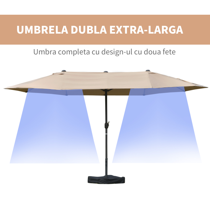  Umbrela de Gradina Dubla 460x270cm Deschidere cu Manivela, Baza Transversala si Balast, Otel si Poliester Kaki [4]