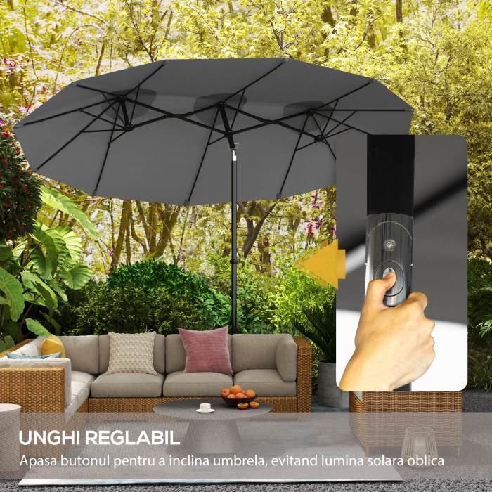  Umbrela de Gradina Dubla inclinabila 45°, cu Manivela si 3 Orificii de Ventilatie, 295x152x222 cm, Gri [4]