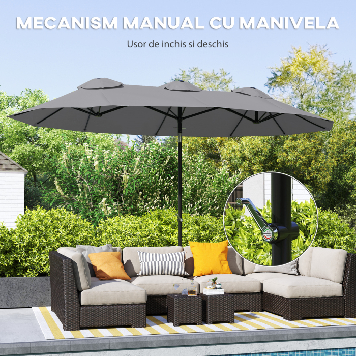  Umbrela de Gradina Dubla inclinabila 45°, cu Manivela si 3 Orificii de Ventilatie, 295x152x222 cm, Gri [6]
