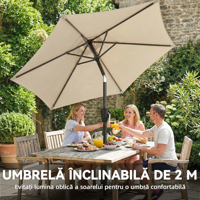  Umbrela de Gradina Inclinabila 2x2 m cu 6 Spite si Manivela, din Metal si Poliester Gri Deschis [4]