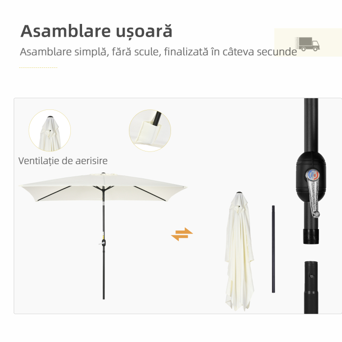  Umbrela de Gradina inclinabila cu Manivela si 6 Spiţe, 2x3 m, Alb Crem [6]