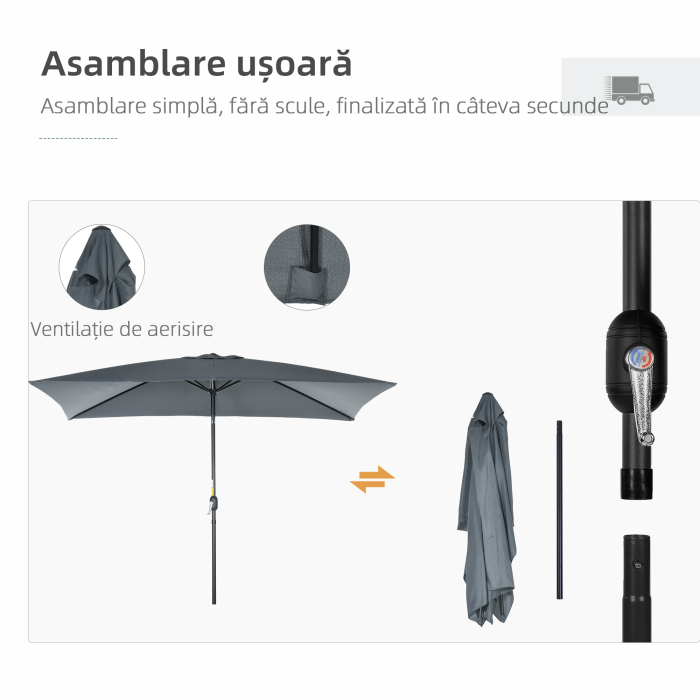 Umbrela de Gradina inclinabila cu Manivela si 6 Spiţe, 2x3 m, Gri inchis [6]